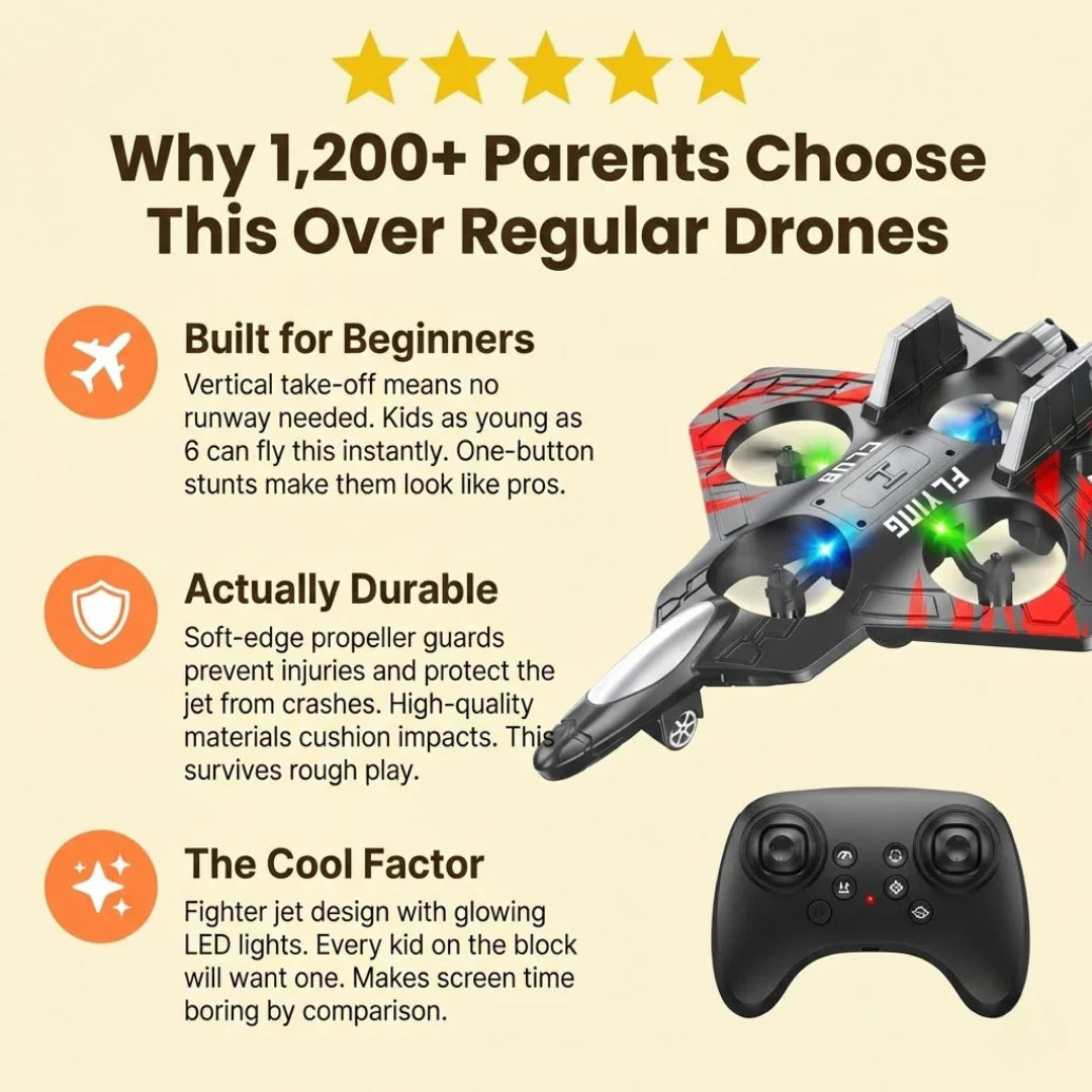 2-in-1 RC Jet Fighter & Mini Quadcopter Drone - 360° Stunt Flip, 2.4GHz Easy-to-Fly Remote Control Plane for Kids & Adults